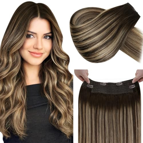 LaaVoo Extensions Echthaar mit Draht Balayage Braun Fish Line Echthaar Extensions Remy Menschliches Haar Dunkelbraun Ombre Aschblond Invisible Secret Wire Extensions 50 cm 100g #4/18/4