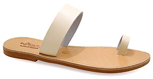 40 Weiß Emmanuela Zehenring sandalen aus Leder, hochwertige handgefertigte griechische Slide Sommerschuhe, Riemchensandalen, flache Boho Toe Ring Sandalen