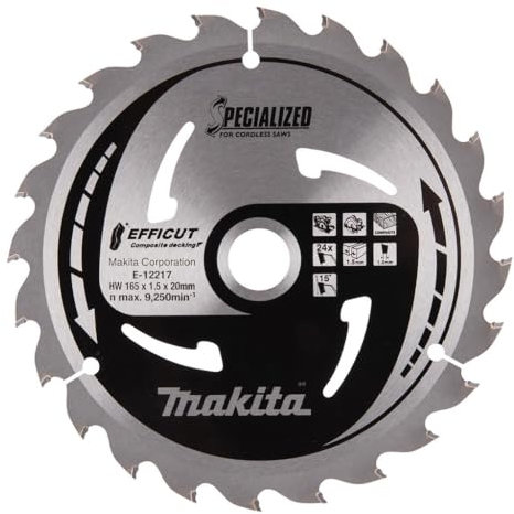 Makita E-12217 EFFICUT Composite decking Kreissägeblatt Ø 165 x 1,5 x 20 mm, 24 Zähne, 15° Zahnwinkel, für naturfaserverstärkten Kunststoff z.B. WPC, für Akku-Handkreissägen