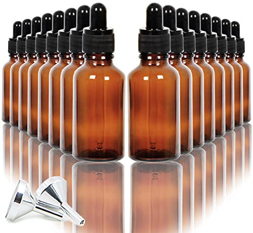 Youngever 16 Pack 30ML Amber Glass Dropper Bottles for Essential Oil, 2 Stainless Steel Mini Funnels