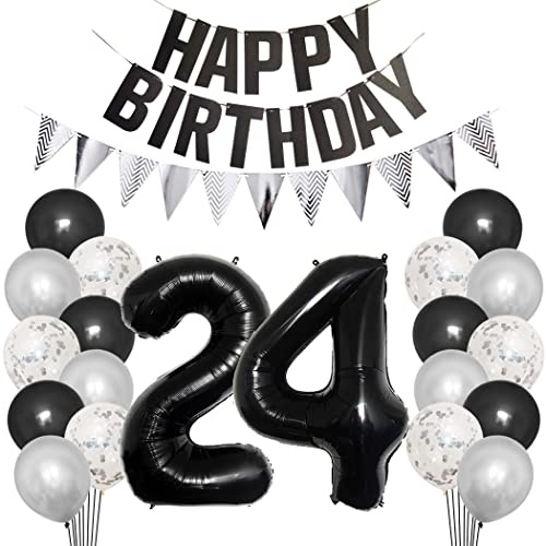 Borsgye 24. Geburtstag Deko Set 24 Jahr Geburtstagsdeko Ballon Männer Junge Frauen Schwarz Happy Birthday Banner Silber Glitzernder Dreiecks Banner Konfetti Luftballons Schwarz Folienballon Zahl 24