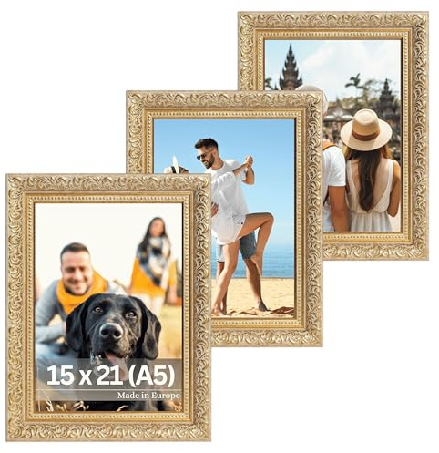 VictoR vintage Bilderrahmen „Rubens“ 3er Set in 15x21 cm (A5) gold grün - Leiste: 30x20mm - Echtglas - Fotorahmen barock - antik - Bilderrahmen 15x21 gold