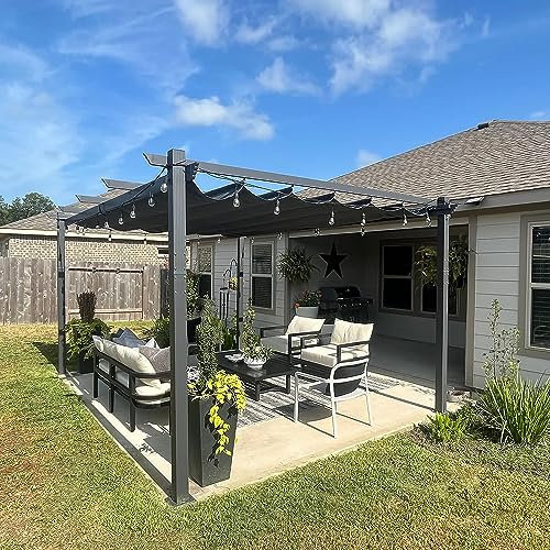 PURPLE LEAF 3.65 X 4.85M Metal Pergola with Retractable Roof, Large Garden Pergola for BBQ, Outdoor and Patio, Grey