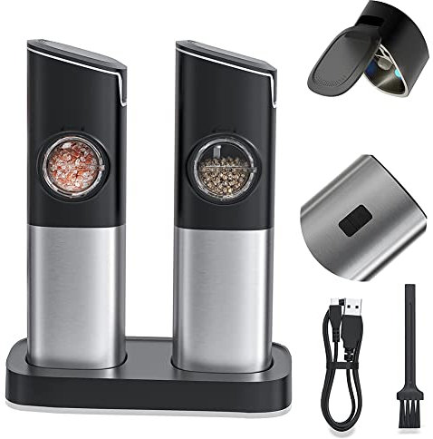 Hagsnec Salt and Pepper Grinder Set, Electric Pepper Grinder USB Rechargeable,Automatic Grinder with Switch