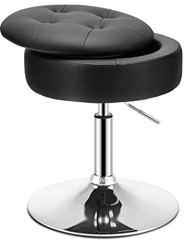 LIFEZEAL Schminkhocker höhenverstellbar 51-66 cm, Sitzhocker 360 ° drehbar, Drehhocker mit Strauraum, runder Bürohocker PU, Arbeitshocker für Schlafzimmer, Wohnzimmer & Büro (Schwarz)