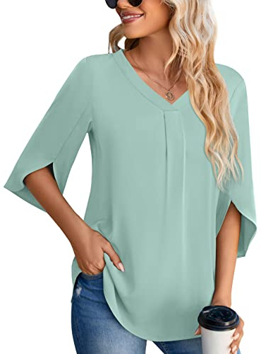 Aodemo Women's Summer Plus Size Dressy Chiffon Blouse 3/4 Sleeve V Neck Tunic Casual Shirt Office Work Tops XL, Green