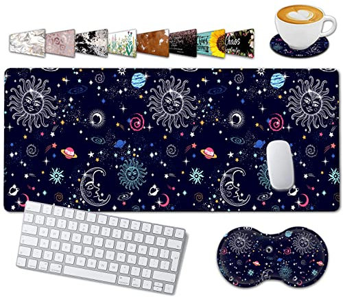 Large Gaming Mouse Pad, 31.5x11.8 in Extended Computer Mouse Mat with Non-Slip PU Base, Ergonomic Memory Foam Keyboard Wrist Rest for Working, Cute Anime Solar System Galaxy Black Office Desk Pad