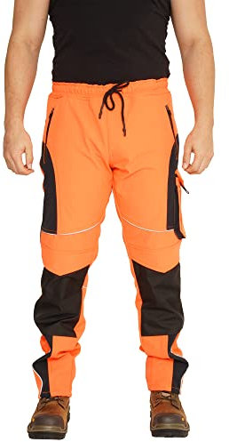Sam Caan® Hi Vis Mens Work Trousers Softshell Men High Visibility Viz Reflective Water Resistant Combat Cargo Rain Proof Repellent Windproof Safety Site Work Wear Builder Pants Soft Shell Workwear