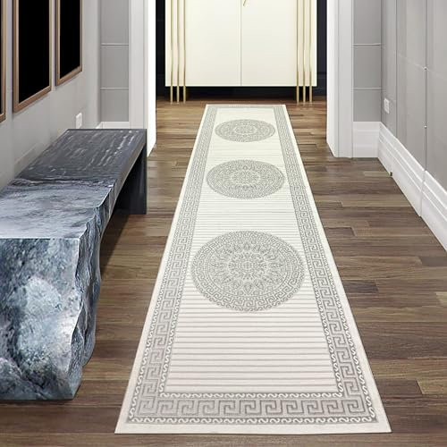 Teppich-Traum Wohnzimmer Schlafzimmer Teppich Flur Läufer lang Kurzflor orientalisch elegant glänzend Creme grau 100x300 cm