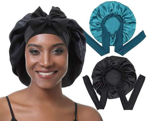 EBONNT 2 Stück Satin Bonnet Schlafhaube Verstellbare Silk Bonnet Seidenhaube Seide Locken Atmungsaktive Seide Schlafmütze Schlafen Weiche Satin Haube für Damen Mädchen (Green&Black)