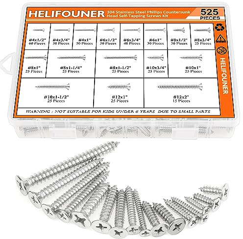 525 Pieces #4#6#8#10#12 Wood Screws Set, HELIFOUNER 16 Sizes Phillips Countersunk Head Self-Tapping Screws Assortment Kit, Phillips Flat Head Wood Screws, 304 Stainless Steel