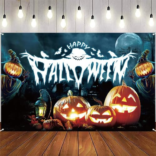 Halloween Deko Banner Hintergrund, Kürbis Geist hängende Türdeko, Happy Halloween Banner, Orange Schwarz Hintergrund Banner für Draußen Drinnen Party Decor Supplies (185 x 110 cm)