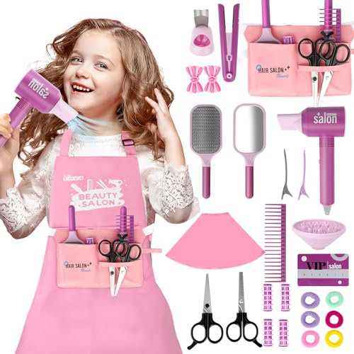 deAO Set Salón de Belleza Juguetes Niña con Secador, Plancha, Peine, Espejo, Rizador, Clip, Delantal Etc. Estilismo y Peluquería Conjunto, Regalo para Niñas 3 4 5 6 7 8 Años, 27 Piezas