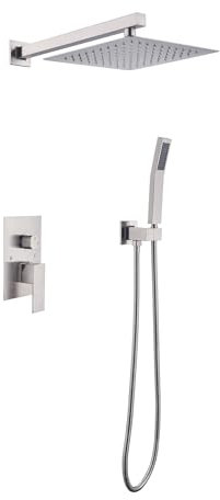 Vacolitel Badezimmer Duschsystem Regenduschkopf und Griff Set Wandmontage Dusche Komplette Combo Massives Messing Druckausgleichende Duscharmatur Ventil 10 Zoll Gebürstetes Nickel (Gebürstetes Nickel)