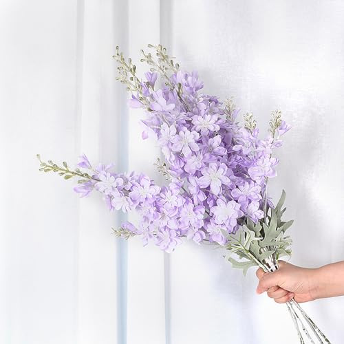 NatureMan 5 pcs Artificial Delphinium Ajacis Flowers,34 Long Stem Fake Larkspur Silk Flower Table Kitchen Home Garden Party Wedding Decoration (Purple)