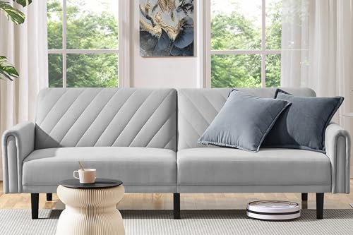 Yaheetech 201cm Convertible Sofa Bed Click-clack Fabric Futon Couch Stylish Versatile Daybed with Large Side Pockets for Guest Rooms/Studios/Study/Offices Light Gray