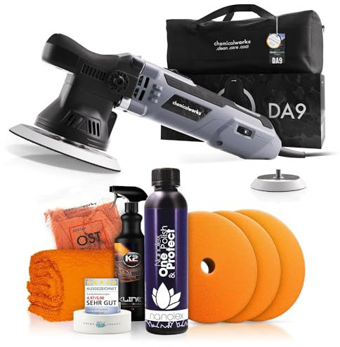 Poliermaschinen Set: chemicalworkz DA9 Exzenter Poliermaschine + Nanolex One-Step Politur + Royal Pads Polierpads + Zubehör - Auto Lack Politur, Kratzer entfernen, Aufbereitung | 8-teilig