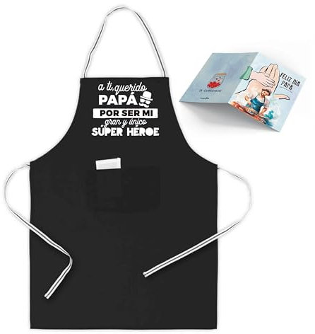 HappyMots - Delantal Especial para Papá - Regalo Original Día del Padre | Incluye Tarjeta de Felicitación | Ideal para Amantes de la Cocina y BBQ | Bolsa Kraft Listo para Regalar