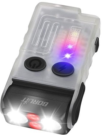 BORUIT V20 Linternas LED Alta Potencia 1000LM Recargable con luz Cálida Roja y Azul, 180° Giratoria, 110 dB-Buzzer Mini Linterna, 13 Modos IP67 Impermeable USB Pequeña Lanterna