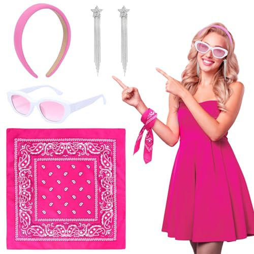 LOHAME 5tlg 80er 90er Kostüm Damen Rosa Rockabilly Accessoires 80er Jahre Pink Schmuck Retro Party Zubehör mit Haarreif Sonnenbrille Ohrringe Paisley Muster Bandana für Frauen Karneval Sommer Strand