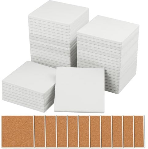 GNIEMCKIN 45 Pieces 4x4 Inch Blank Ceramic Coasters, Unglazed Ceramic Tiles Coasters, Ceramic Tiles with Cork Backing Pads for Painting, DIY Crafts, Mosaics, Square, White.