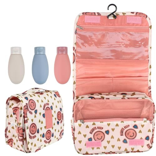 Pakana® Beauty case da viaggio con bottiglie riutilizzabili in regalo - Uomo e Donna - da appendere, Smile - Rosa, Cerrado: 21 * 24 * 9 - Abierto: 42