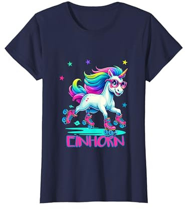 Einhörner für Mädchen: Regenbogenfarbenes T-Shirt mit Einhorn auf Rollschuhen - Klassisch geschnitten, Extra Small, EU 15/16.5, Rainbow, Female X-Small