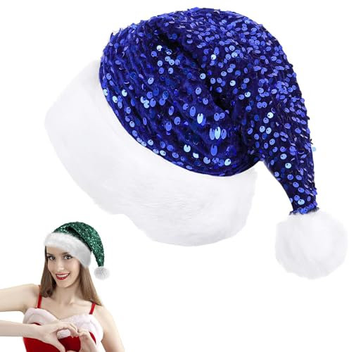 Blaue Pailletten-Weihnachtsmütze, glänzende Weihnachtsmütze, Unisex, weicher Plüsch, Deluxe, Weihnachtsmannmütze, Samt, bequeme Weihnachtsmannmütze für Weihnachtsmann-Verkleidung, Weihnachten,