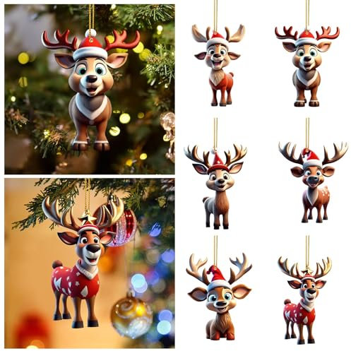 Elch Weihnachtsbaum Anhänger, 2D Acryl Weihnachtsmann Christbaumschmuck, Buchstaben Weihnachtsbaumschmuck Acryl, Weihnachten Deko Geschenk, Spaß Weihnachtsanhänger Deko, Auto Weihnachtsschmuck(6PCS)