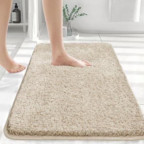 Myting Badezimmerteppich 70x120 cm Badematte Beige, Weich Mikrofaser Badvorleger Waschbar Duschvorleger rutschfest, Flauschiger Badteppich