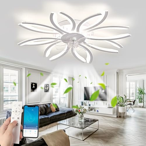 Tuya Alexa Ceiling Fans with Lights and Remote Control, Reversible Silent LED 105cm Flower Fan Light Ceiling, 6 Speed DC Motor Ceiling Fans with Lamps For Bedroom Living Room-White||No Tuya Alexa
