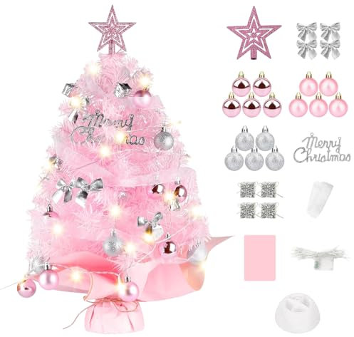 Raveparty Mini Christmas Tree with Lights, Mini Artificial Christmas Tree, Table Top Christmas Tree with Lights Colored Balls Streamers for Christmas Decorations (Pink)