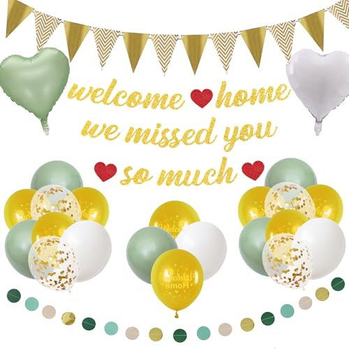 Willkommen Zuhause Deko Grün Gold - Welcome Home Dekoration mit Bunt Luftballons Wimpeln und We Missed You Girlande, Herzlich Willkommen Dekor für Familienfeier Babyparty
