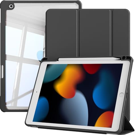 KVTVOU Funda para iPad de 9ª/8ª/7ª generación (2021/2020/2019) con soporte para lápices, funda delgada transparente Triford con soporte y cubierta de marco de TPU suave a prueba de golpes, encendido y