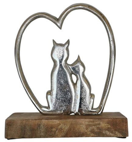 Katzenpaar in Herz aus Aluminium auf Holzsockel 18cm groß Katze Alu Natur Skulptur Geschenk