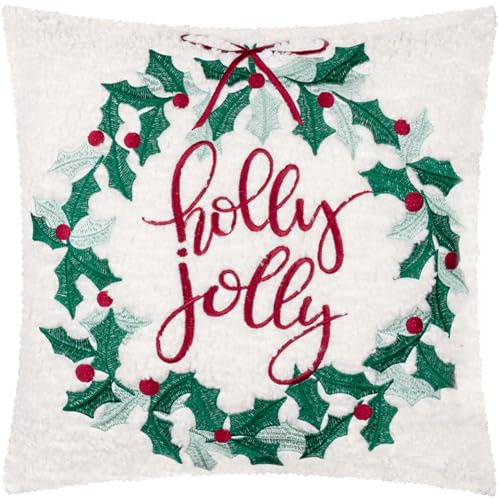 furn. Holly Wreath Feather Filled Cushion (Multicolour - 45x45cm) | Embroidered Festive Christmas Bouclé Velvet Reverse Decorative Pillow