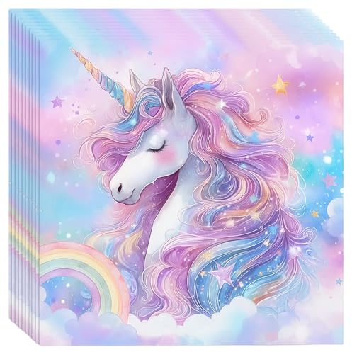 40 Stück Einhorn Servietten für geburtstag | Premium Party Servietten mit Einhorn & Regenbogen Design - Festliche Geburtstags-Servietten
