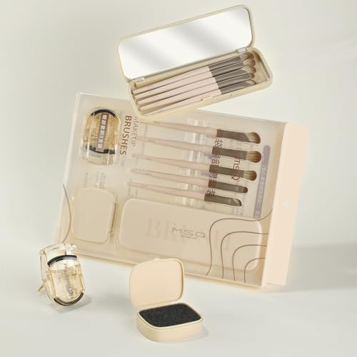 MSQ 5Pcs Eye Makeup Brushes with Box,1 Eyelash Curler,Brush Cleaning Sponge | Makeup Brush Cleaning Sponge Brush Box with Mirror
