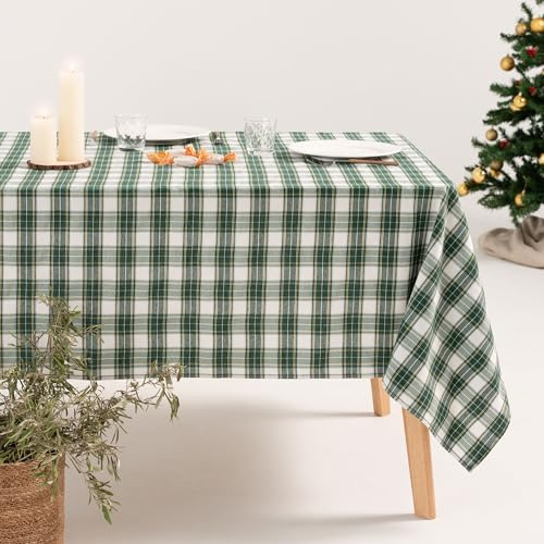 GAMUSI Tischdecke, rechteckig, Weihnachten, Stoff, Karomuster, Weiß und Grün, Garn, Gold, Esstisch, Weihnachtsdekoration, 140 x 200 cm, Grün