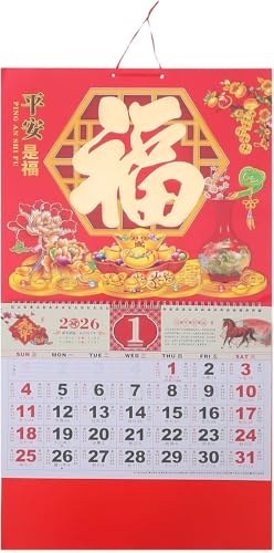 Chinesisches Pferd, Wandkalender 2026, Spiralbindung, Monatsplaner, Tagesplaner, Hängedekoration, 67,9 x 36,4 cm