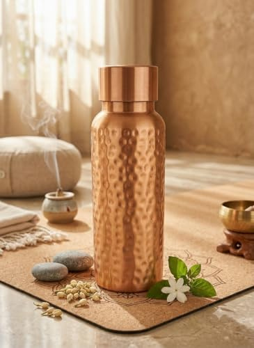 IMTRA FASHION Indian Small Copper Water Bottle 17 OZ/500 ML Hammered Drinking Flask Ayurvedic Leakproof Bottle for Sports, Yoga