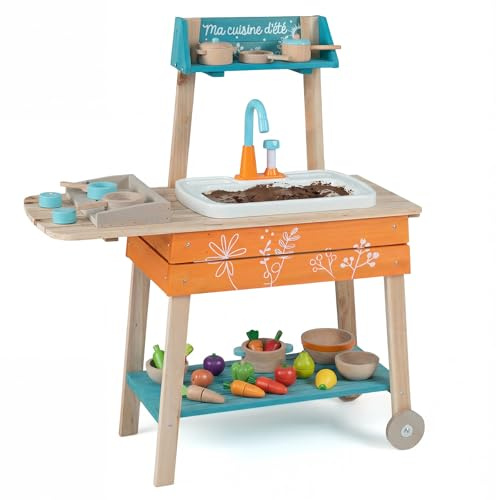 GYMAX Kids Mud Kitchen, Wooden Play Kitchen with Wheels, Removable Sink, Grill Rack and Circulation Faucet, Outdoor Cooking Role Playset for 3 Years Old+