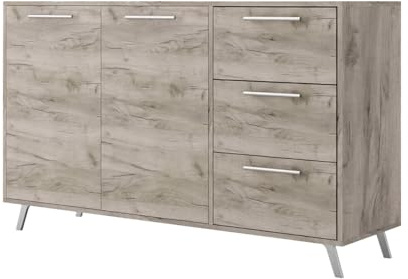 Masseno Kommode Elise 140 cm Sideboard mit 3 Schubladen und 2 Türen für Wohnzimmer Schlafzimmer Modern 140x41x86 cm Eichefarben