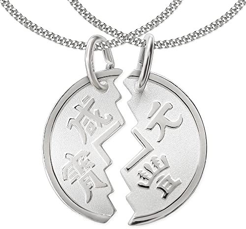 CLEVER SCHMUCK Set Silberne Freundschaftsanhänger als Geteilte Münze Ø 18 mm Tai Pan matt und glänzend und 2 Ketten Panzer je 42 und 45 cm Sterling Silber 925