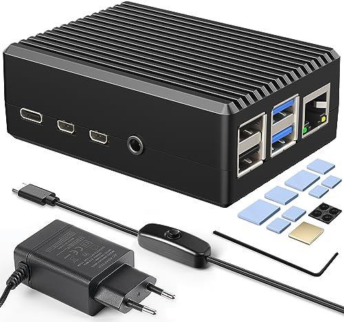 Carcasa de Aluminio Raspberry Pi 4 Modelo B Case con disipador de Calor pasivo, Fuente de alimentación USB-C de 5 V 3 A con Interruptor de Encendido/Apagado