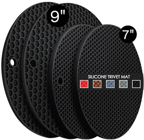 4 Pack Silicone Trivet Mats, 7 Inch & 9 Inch Flexible Heat Resistant Silicone Hot Pads Pot Holders for Kitchen Counter, Round Trivets for Hot Dishes - Potholders Jar Opener(Black)