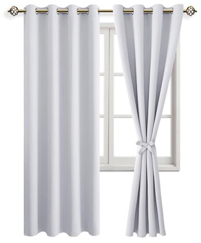 JIUZHEN Blickdicht Vorhänge Verdunkelungsvorhang mit Vorhang-Krawatten Gardinen Ösenvorhang für Schlafzimmer Wohnzimmer, Grau Weiß, 2 Stück, 245x132cm(HxB)