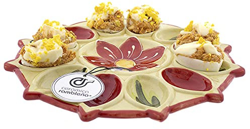 CERAMICA RAMBLENA | Portauovo | Piatto per uova ripiene | Vassoio in ceramica | Uova ripiene | Uova piatto | Portauovo amazon | Piatto uova modello - M05 | Decorazione 100% fatto a mano | 26x2,5 cm