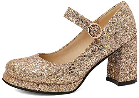 Lroey Reoly Damen Blockieren Ferse Mary Jane Schuhe, Höhe Ferse Pumpe Runde Zehen Schnalle Abendschuhe mit Plateau Pailletten Mode Dancing Boots Ddbler Gold Gr 41 EU