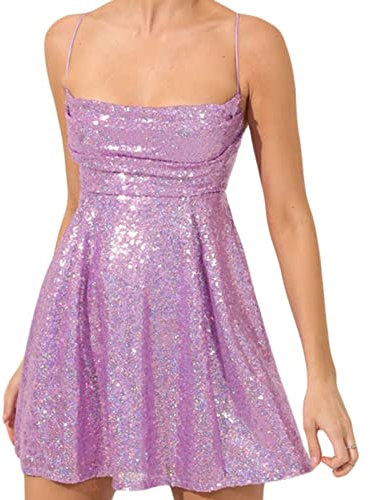 MAHUAOYIXI Abito Corto Donna Vestito Elegante Donna Abito Donna Aderente Abito Estivo Paillettes Lucide Senza Schienale Scollo V Sexy Vestito da Cerimonia Abito da Festa Casual (Viola, S)